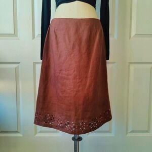 Vintage 90s Bohemian Brown 100% Linen Beaded Midi Pencil Skirt Cut Outs Lined 14